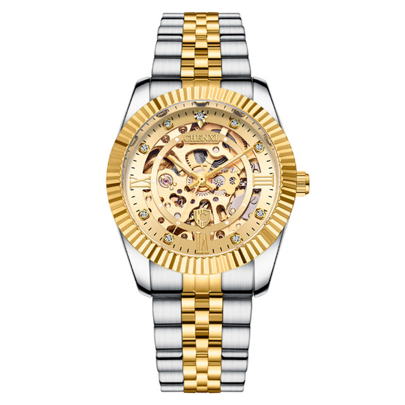 CHENXI – montre-bracelet à lunette dorée, squelette creux, pointeur lumineux, cadran analogique de haute qualité, boucle en acier inoxydable, bou