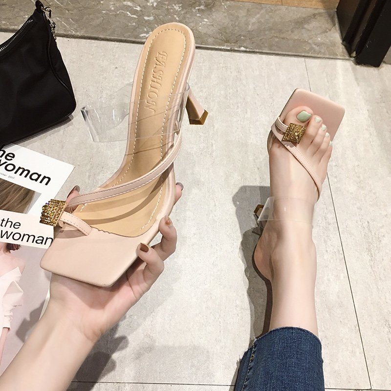 

Dropshipping Summer New Clip-toe High Heels Sandals Women Fashion Square Head Transparent PVC Slippers Woman Thin Heel Sandalias, Beige