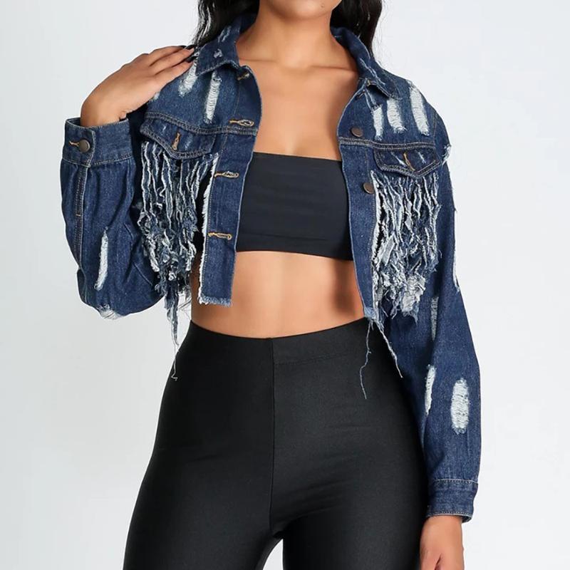 Ripped And Washed Fringe Cut Back And Exposed Navel Sexy Short Denim Jacket For Women Holes Tassel Denim Coat