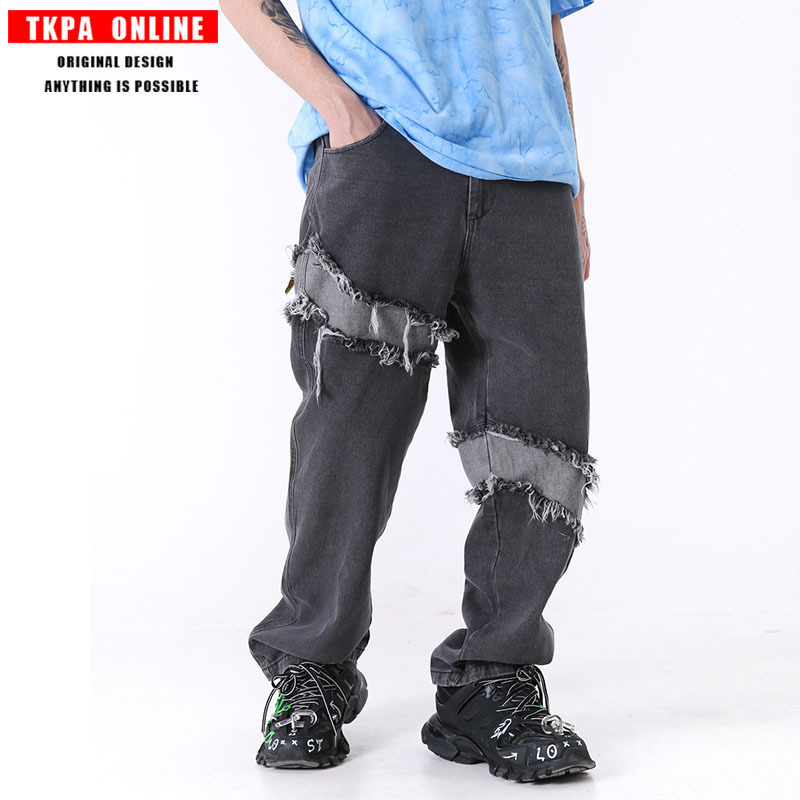 

hop TKPA popular logo Japanese washing han edition, "torre wide-legged straight canister loose jeans for men and women, Black