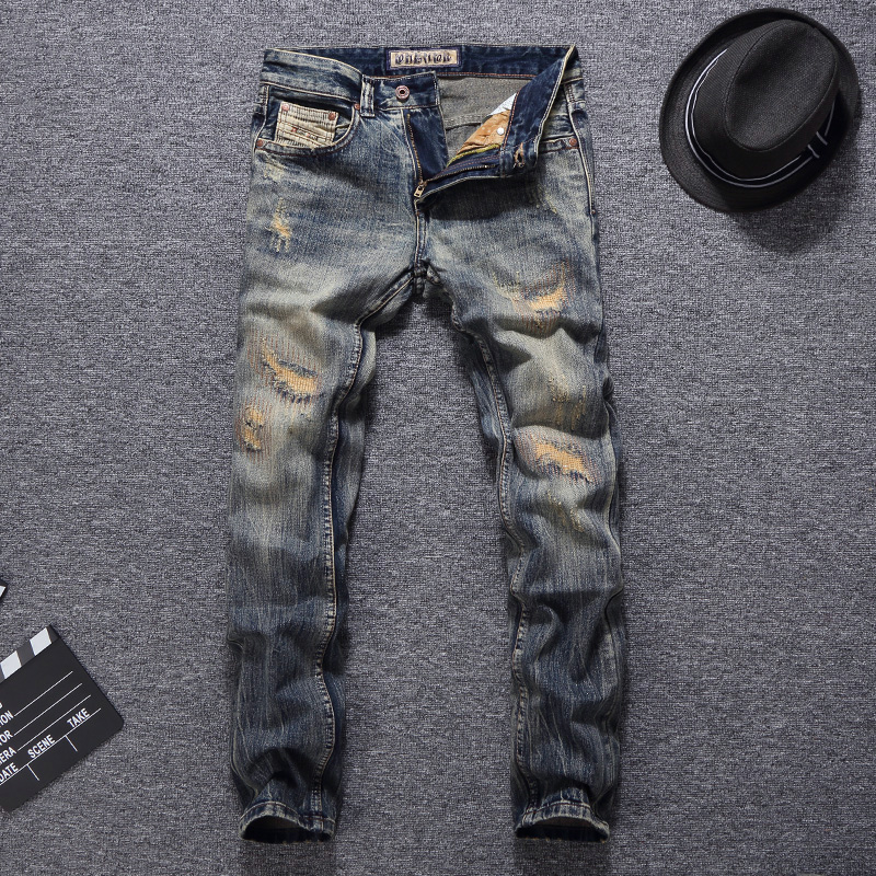 

Italian Vintage Fashion Men Jeans Slim Fit Patchwork Destroyed Ripped Jeans Men Pants Streetwear Hip Hop Homme, Retro yellow