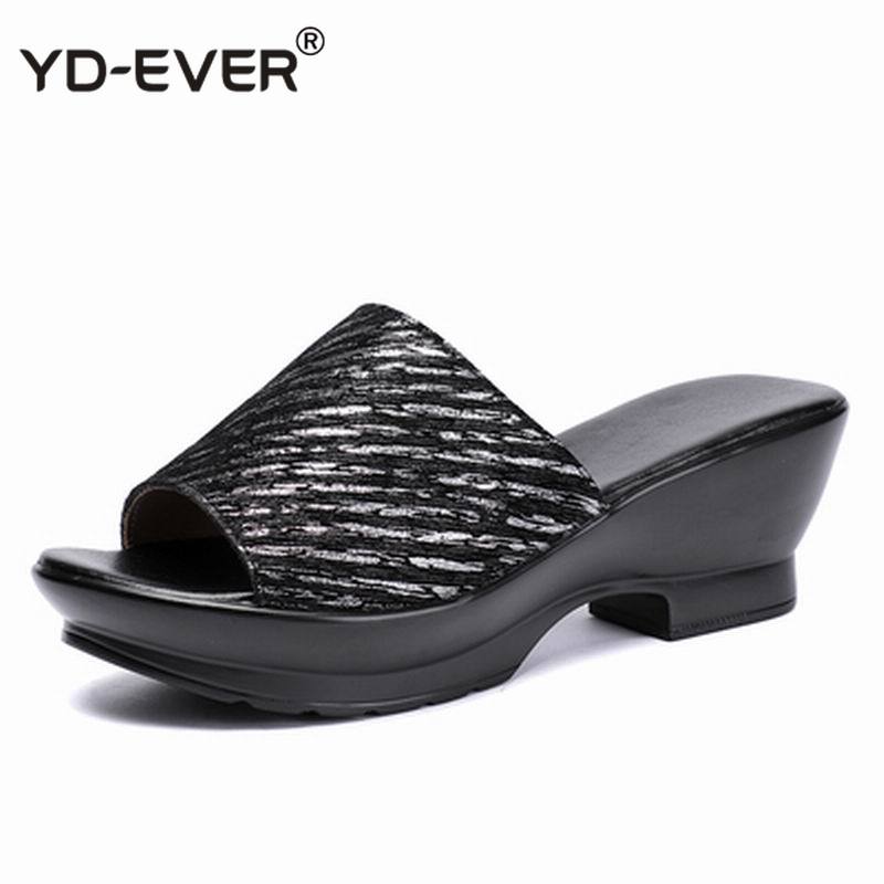 

Women Slipper's Ladies Summer Slippers Genuine Leather Shoes Women Wedges Heels Fashion Platform Summer Shoes, Gold