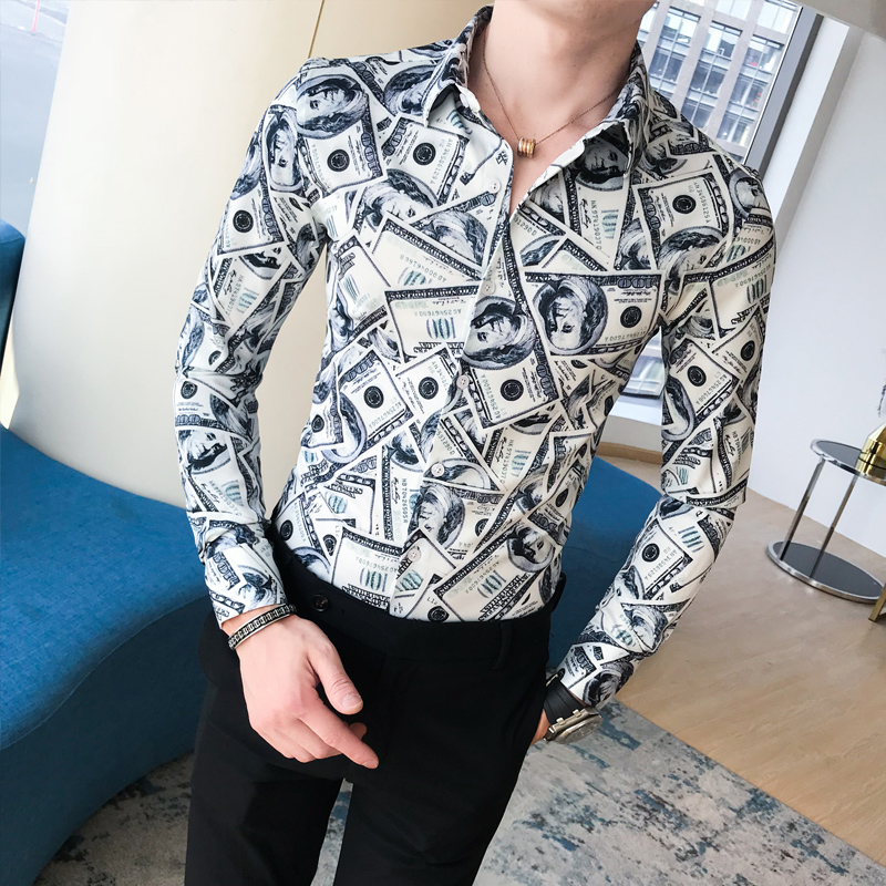 

Autumn hair stylist British shirt men's long-sleeved style Korean version of fashion personality printing tight, Picture color