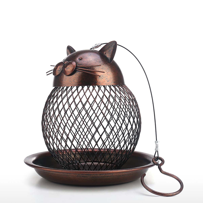 

Metal Bird Feeder Cat Shaped Wild Balcony 360 Degrees Feeding Vintage Handmade Garden Decoration Outdoor Hanging Feeder for Birds