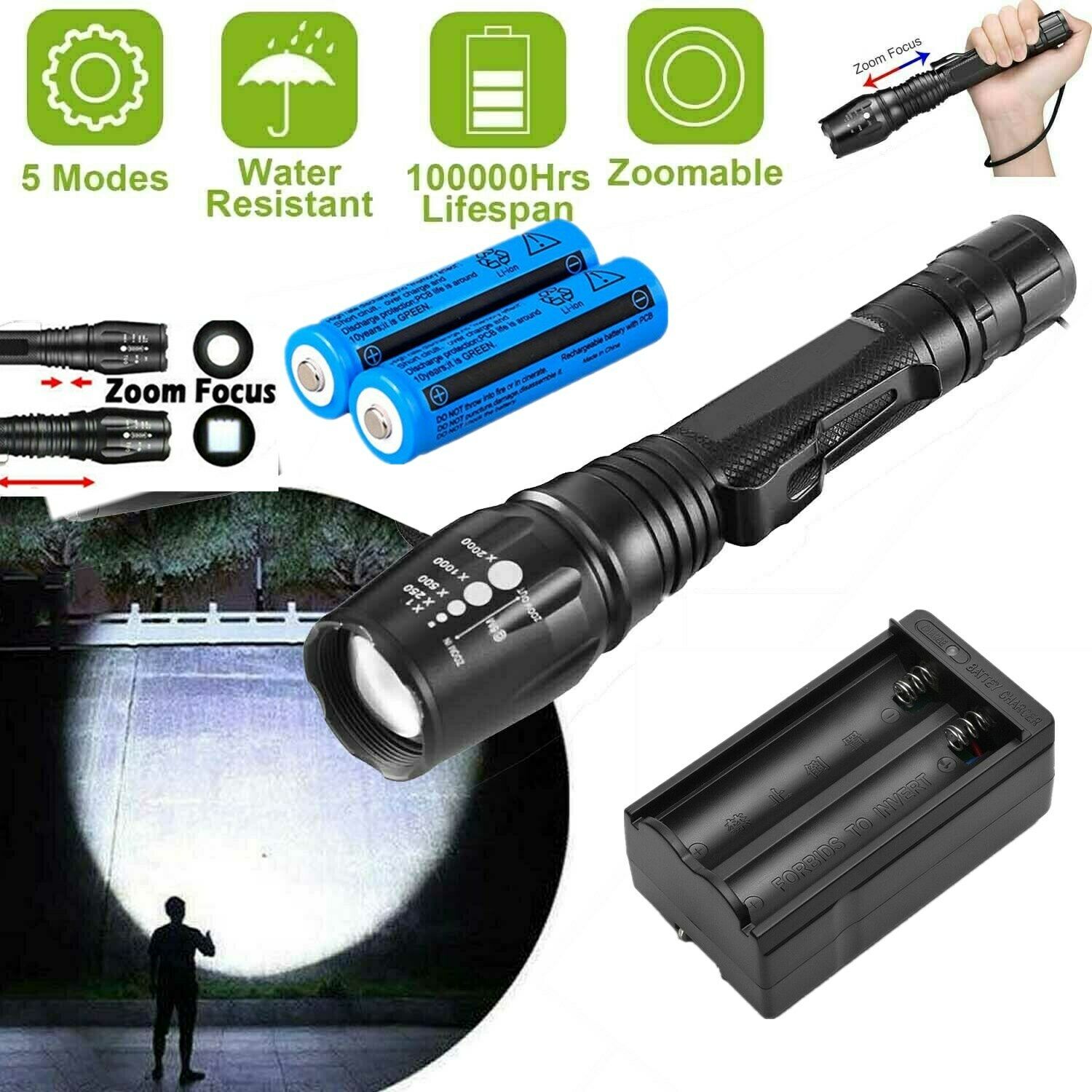

990000LM Camping Flashlight Zoomable Upgraded Tactical T6 LED Torch Rechargeable 5 Modes 2x 18650 Battery + Charger