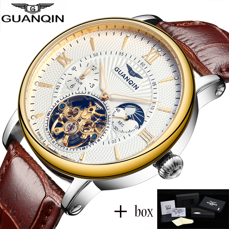 

relogio masculino GUANQIN Mens Watches Luxury Brand Tourbillon Skeleton Automatic Watch Men Sport Leather Mechanical Wristwatch, Slivery;brown