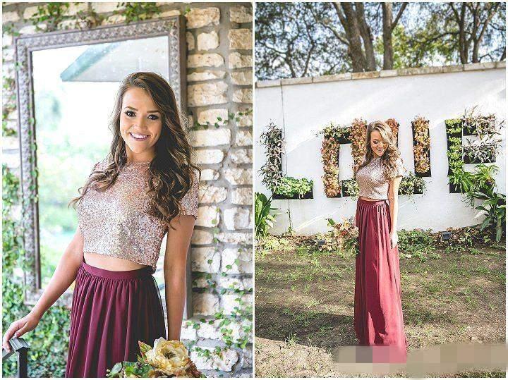 

Two Piece Top Sparkly Sequins Bridesmaid Dresses Jewel Neck Short Sleeve Burgundy Chiffon Maid Of Honor Wedding Guest Gown Dresses A93