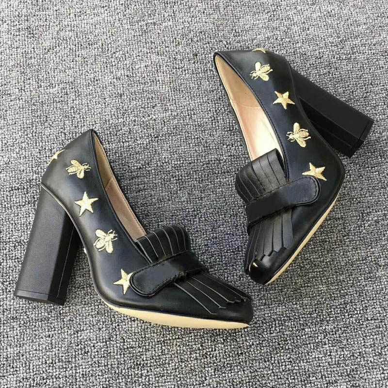 

Designer Marmont pumps women leather high heels Embroidered bee and star fringe mid-heel Tassel shoe 5cm and 10 cm Big Size, 10cm black
