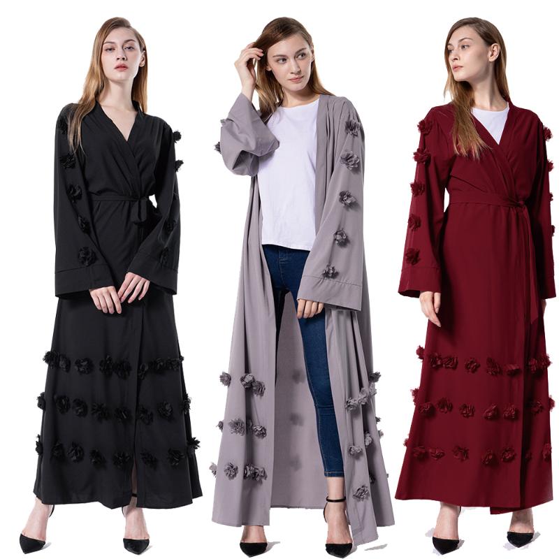 

Muslim Women Abaya Islamic Arab Jilbab Flower Appliques Open Kimono Middle East Kaftan Maxi Robe Dubai Turkish Long Dress Gown