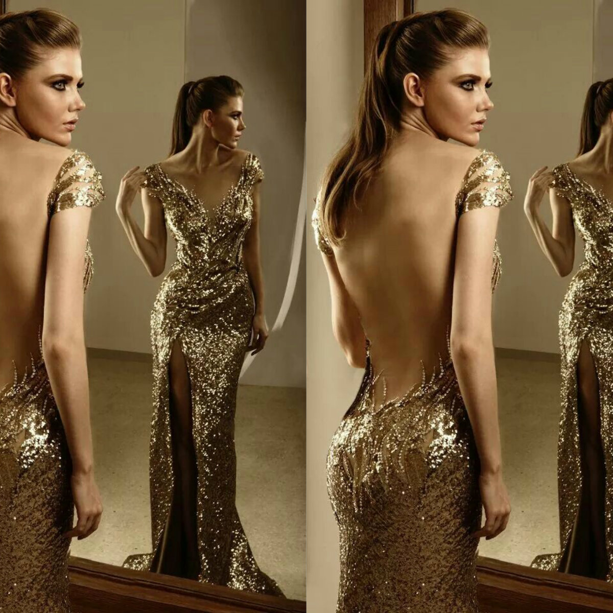 

2020 Gold Evening Gowns Sequined High Side Split V Neck Bead Sexy Backless Mermaid Prom Dress Party Wear Custom Made Formal Dress, Brown