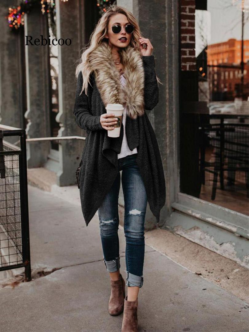 

Rebicoo Women Long Open Cardigan Casual Faux Fur Collar Coat Ladies 2019 Autumn Winter Fashion Soft Outwear Jacket Oversize, Black