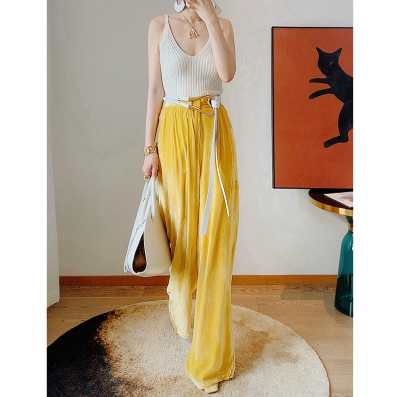 

Silk Autumn Tartrazine High Waist Wide Leg Pants Velvet Straight Trousers Women Pants, Yellow