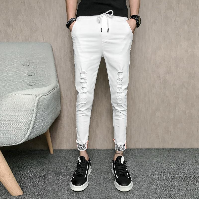 

Summer Ripped Jeans Men Fashion 2020 Korean Slim Fit Denim Jeans For Men Streetwear Stretchd Casual Pants Black/White