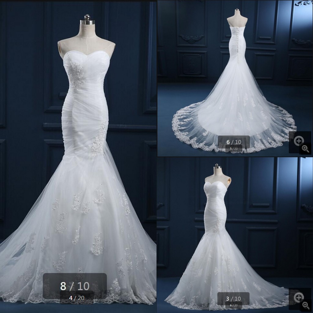 

2019 best selling mermaid white lace dresses court train real picture wedding dresses pleated strapless sweetheart bridal gowns, Black