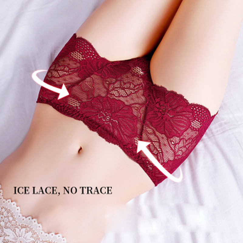 

High waist all lace large women's underwear sexy Cotton Briefs head thong seamless underwear solid color, Pink