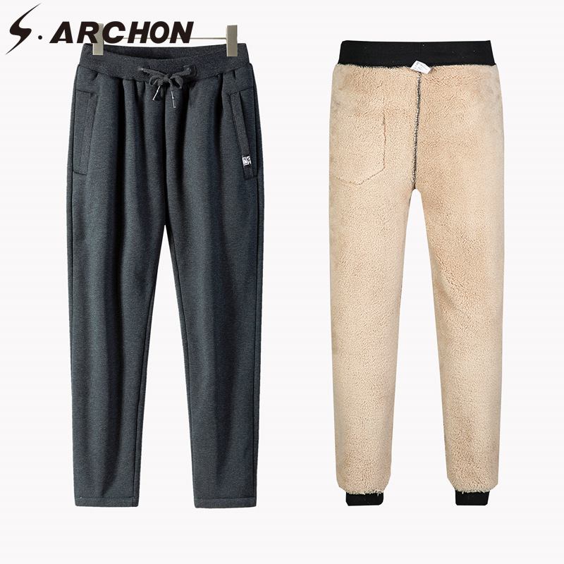 

S.ARCHON Winter Fleece Warm Pants Men Thicken Joggers Outside Heavyweight Sweatpants Zipper Streetwear Trousers Men Plus Size, Black-straight cuff