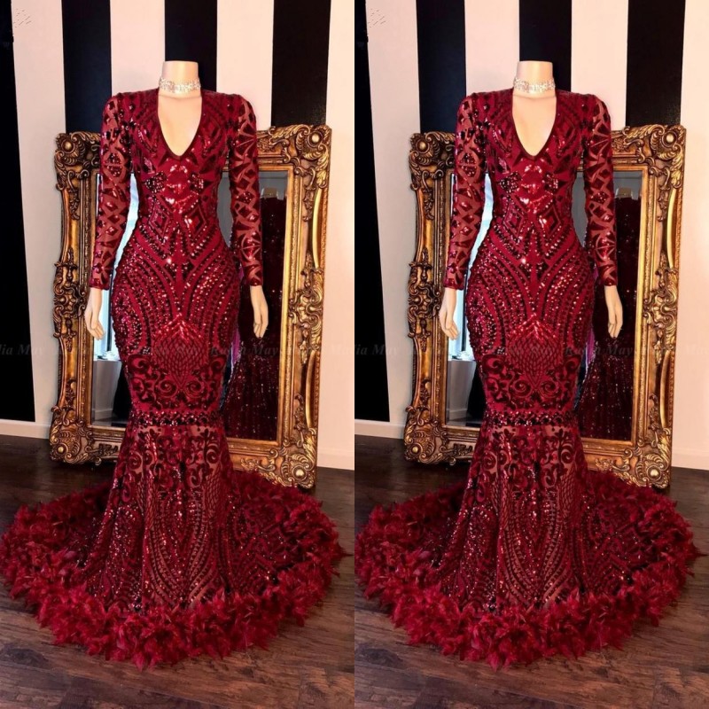 

2020 Fashion Dark Red Lace Feather Mermaid Prom Dresses Black Girls V Neck Long Sleeves Sweep Train Formal Evening Gowns Real Image BC3356, Rose gold