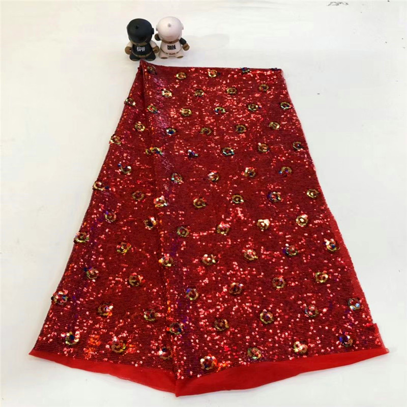 

5 Yards/pc Top sale red french net lace fabric match small sequins flower style african mesh material for party dress ZD4-3
