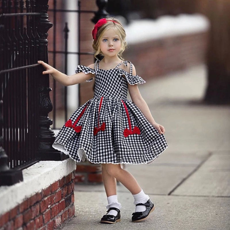 

Summer Girls Dress 2020 NEW Plaid Bow Lace Sling Sleeve Student Dress Party Princess Kids Children's Clothing, Black