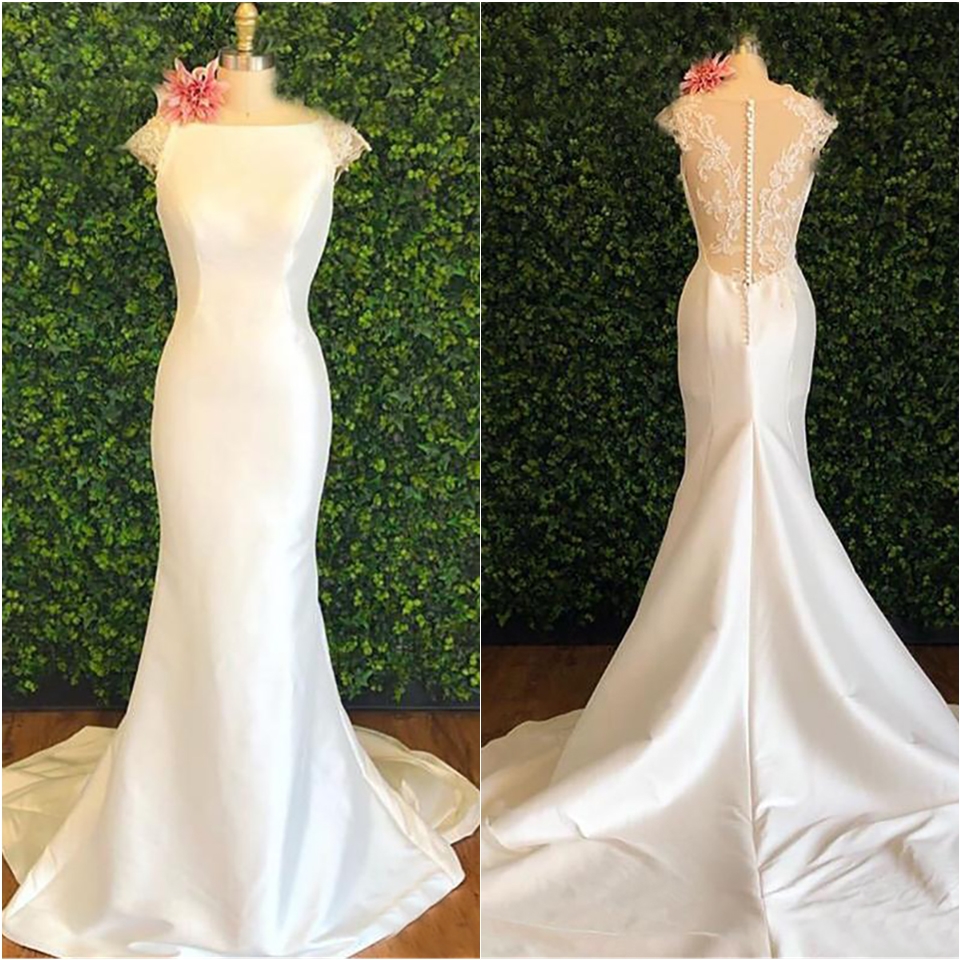 Mermaid Wedding Dresses Cap Sleeveless Simple Bridal Dresses White Ivory Custom Made Covered Buttons Satin Wedding Gowns Wed Chapel Train