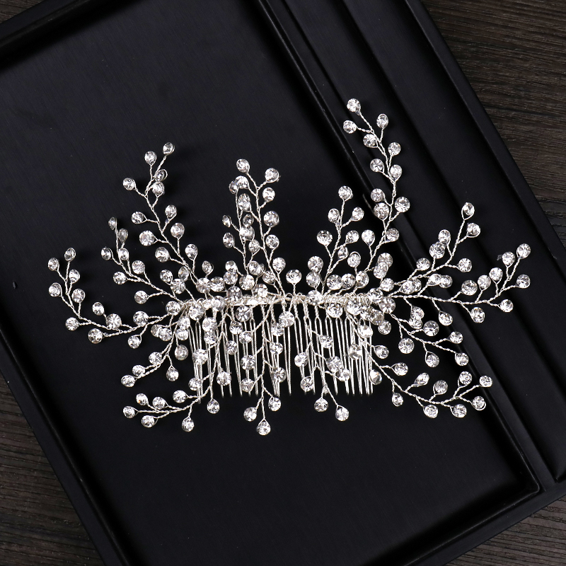 Women Hair Combs Tiara Pearl Rhinestone Silver Bridal Hair Ornaments,Silver11