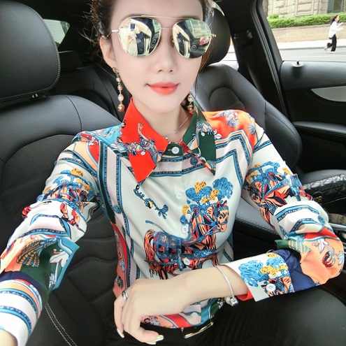 

Hot Sale Elegant Designer Shirts Plus Size Women Fashion Long Sleeve Lapel Neck Printed Runway Ladies Blouse Slim Office Button Shirt Tops, Customize