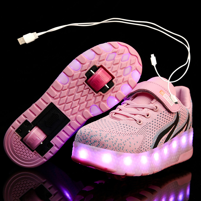 

Children One Two Wheels Luminous Glowing Sneakers Red Pink Led Light Roller Skate Shoes Kids Led Shoes Boys Girls USB Charging