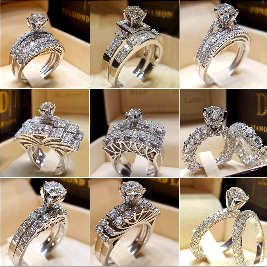 

30pcs/lot mixed Crystal White Round Ring Set Brand Luxury Promise Silver Engagement Ring Vintage Bridal Wedding Rings for Woman