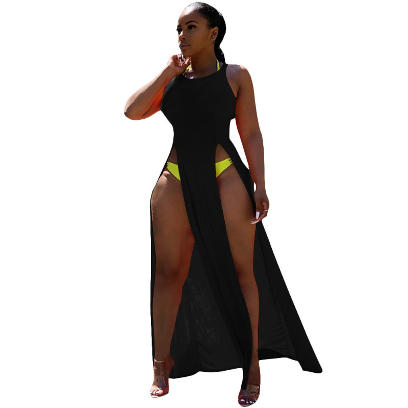 

Summer Double High Split Party Dress Casual Boho Beach Dress For Women Sleeveless Floor-Length Dress Summer High Waist Club Party Robe Femme, Black;gray