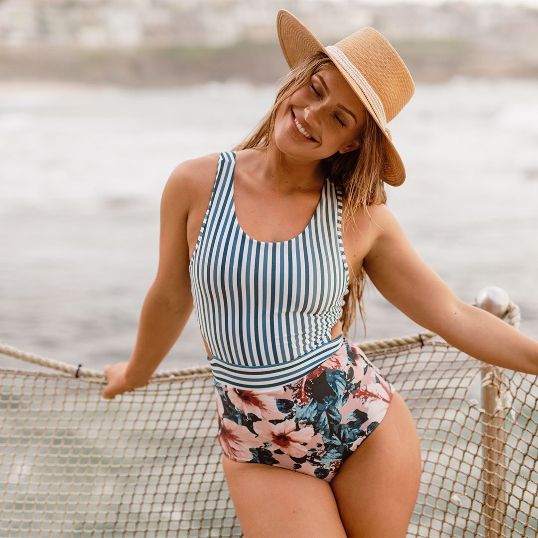 floral and striped bathing suit