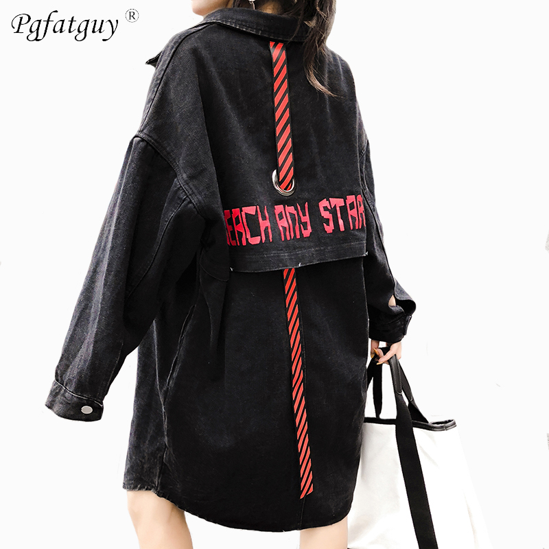 

2018 Women Letter Printed Denim Jackets Coats Casual Jean Jacket Female Basic Coat Autumn Windbreaker Pockets Slim Lady Clothing, Black