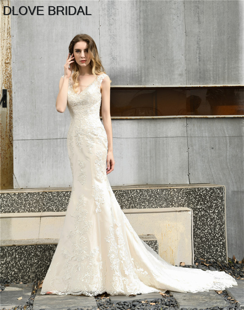 

New Arrival V Neck Mermaid Wedding Dress Backless Lace Bridal Gown High Quality Custom Made Dresses, White