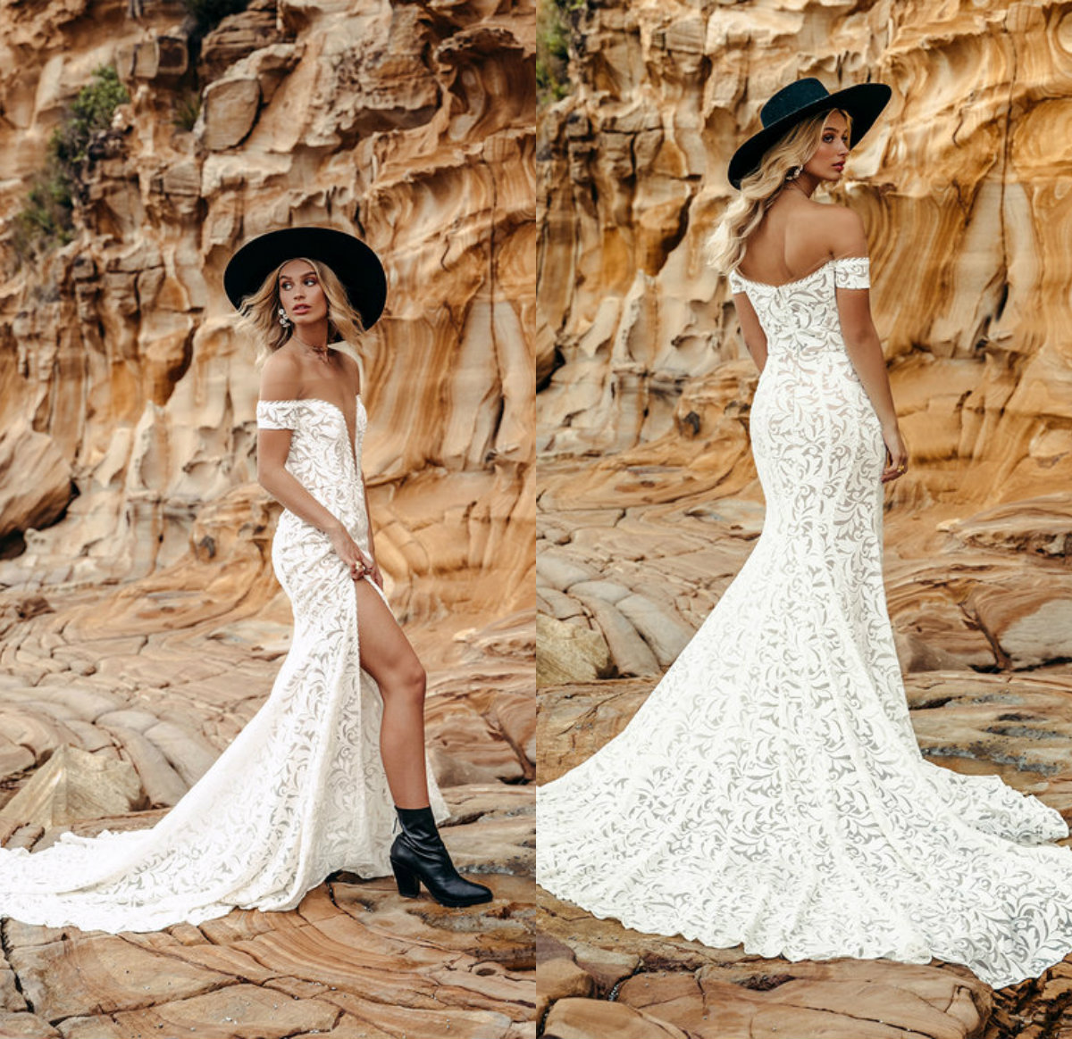 

Sexy Mermaid Rita Vinieris Wedding Dresses Off Shoulder Short Sleeve Applique Split Wedding Gown Sweep Train Custom robe de mariée, Fuchsia