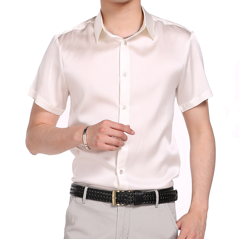 

Men Clothes Silk Short Sleeve Shirt New Summer Solid Color Short-sleeved Silk Shirt Men's High-end Business Mulberry Shirts