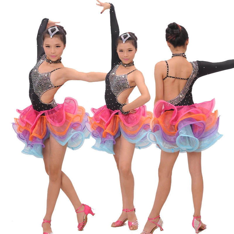 

Girl Latin Dance Rumba Samba Clothing Girls Salsa Dresses Girls Stage Wear Costumes Kid's Ballroom Dressing Chinese Folk Dancing, As pic