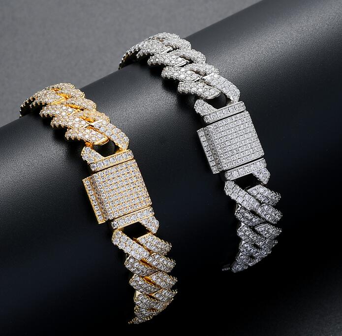 

13mm Men Hip-hop Luxury Designer Simulated Diamond Bracelets Bangles High Quality Gold Plated Cuban Bracelet Jewelry 7/8 inches