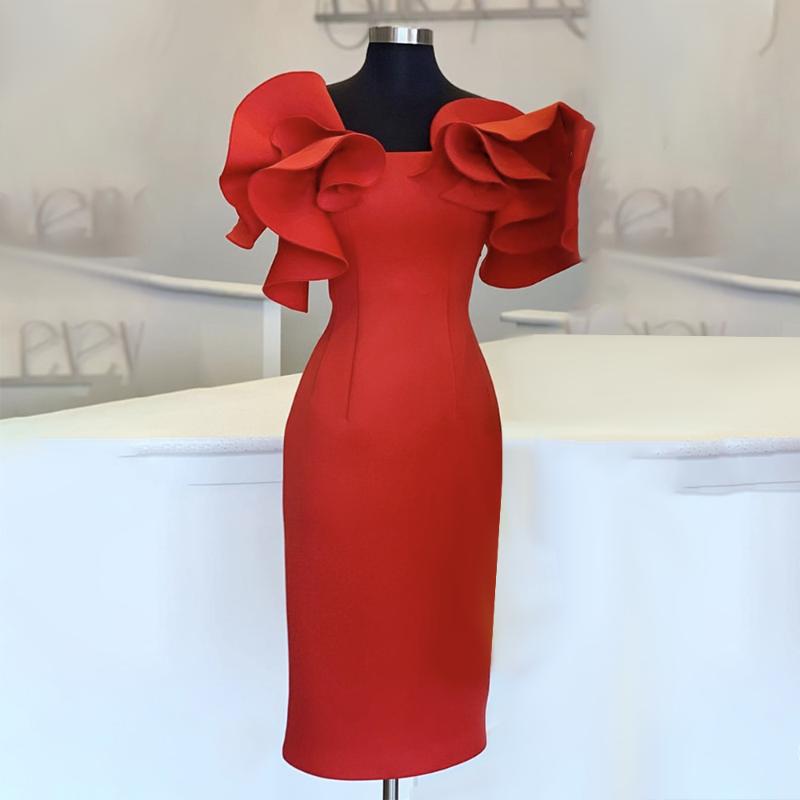 Women Red Bodycon Dresses Ruffles Stylish Party Event Midi Dress Elegant Slim Vestido African Date Out Celebrate Occasion Robes
