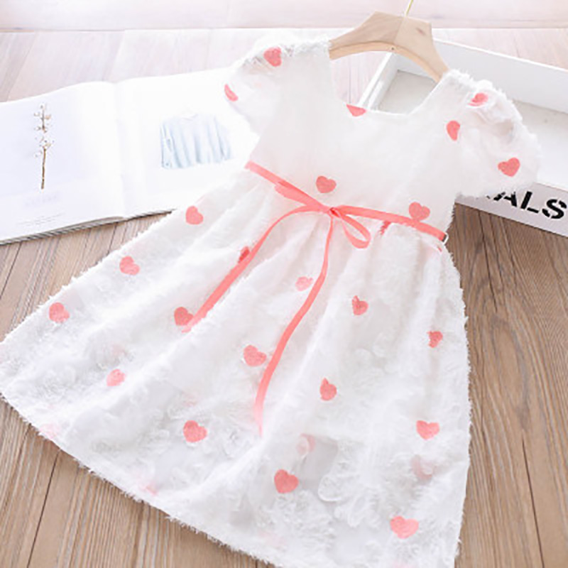 

2020 Sleeveless Summer New Girl Dress Heart Printing Bow Belt Princess Dress Cotton Children Dresses, Beige