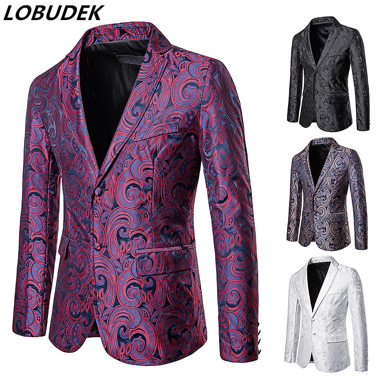 

British Style Fashion Men Business Office Casual Blazers Thin Jacquard Slim Fit Blazer Nightclub Leisure Coat For Singer Host, Black