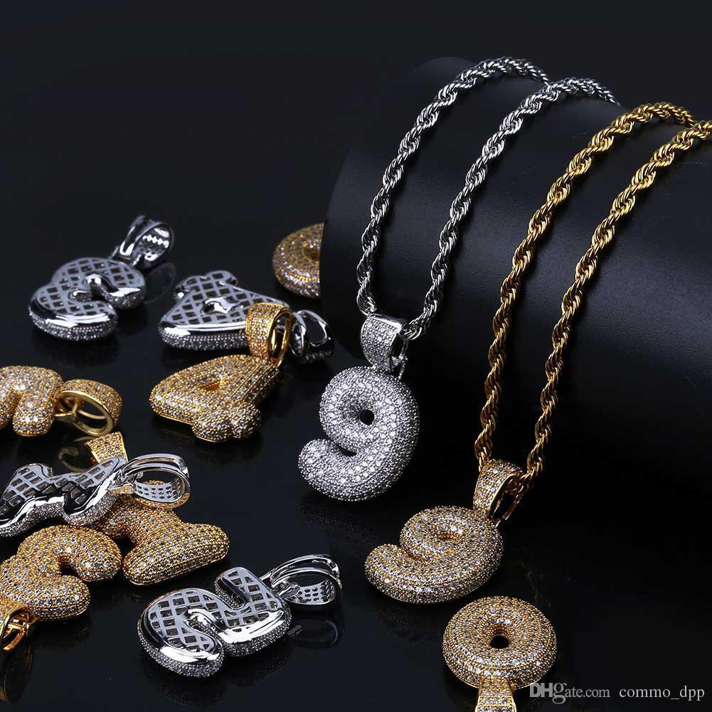 

Hip Hop Bubble Arabic Number Pendant Necklace Cubic Zircon 0-9 Numbers Charm Gold Silver Twisted Rope Chain For Men Women Jewelry Gift