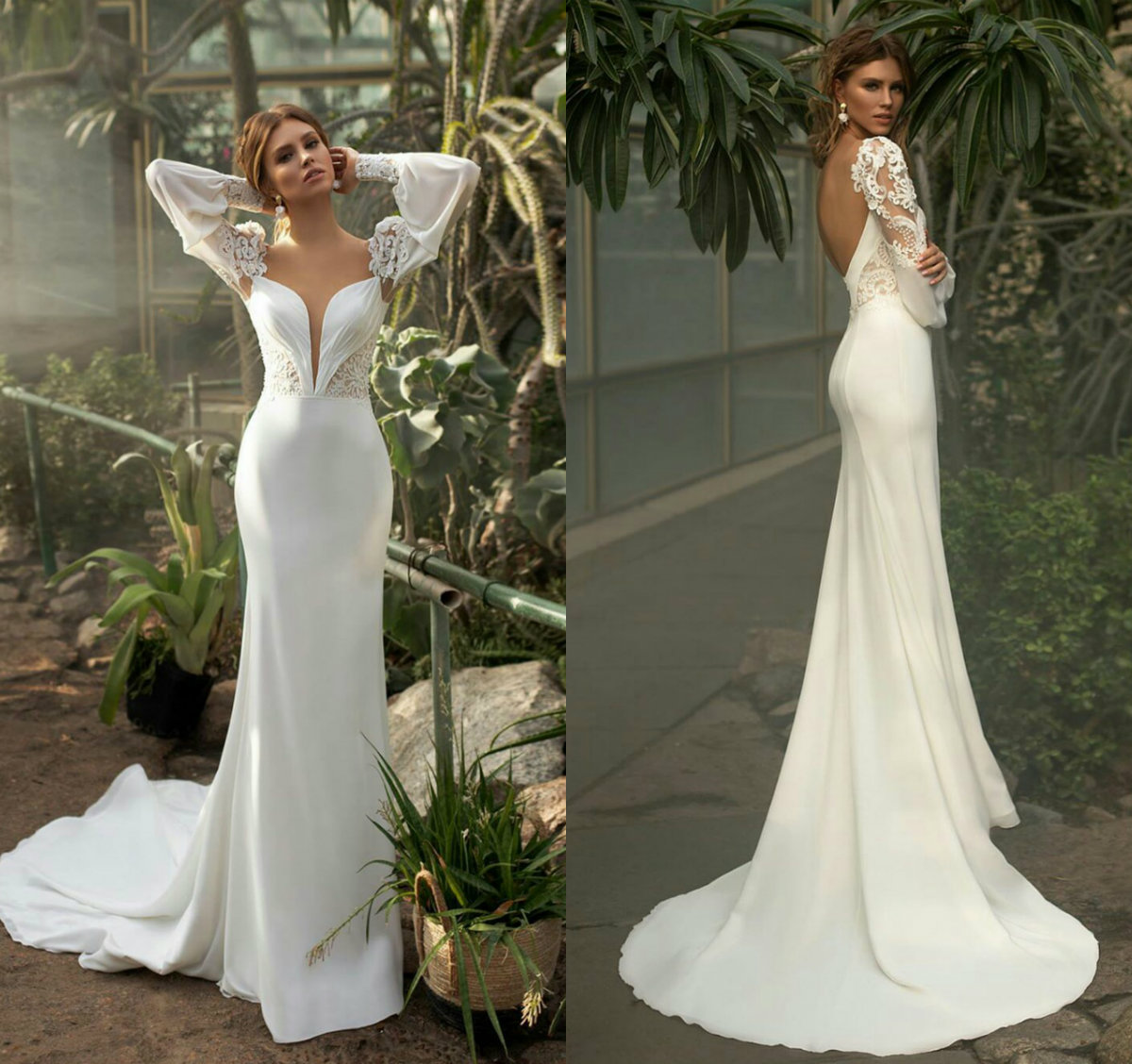 

2021 Mermaid Wedding Dresses Illusion Bodice Long Sleeves Lace Satin Bridal Gowns Custom Made Backless Sweep Train Beach Robe De Soiree, Ivory
