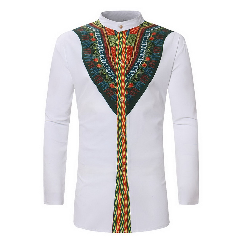 

Laamei 2019 Vintage Men Ethnic Print top tees Long Sleeve Stand Collar African Print Dashiki Shirt white men clothing
