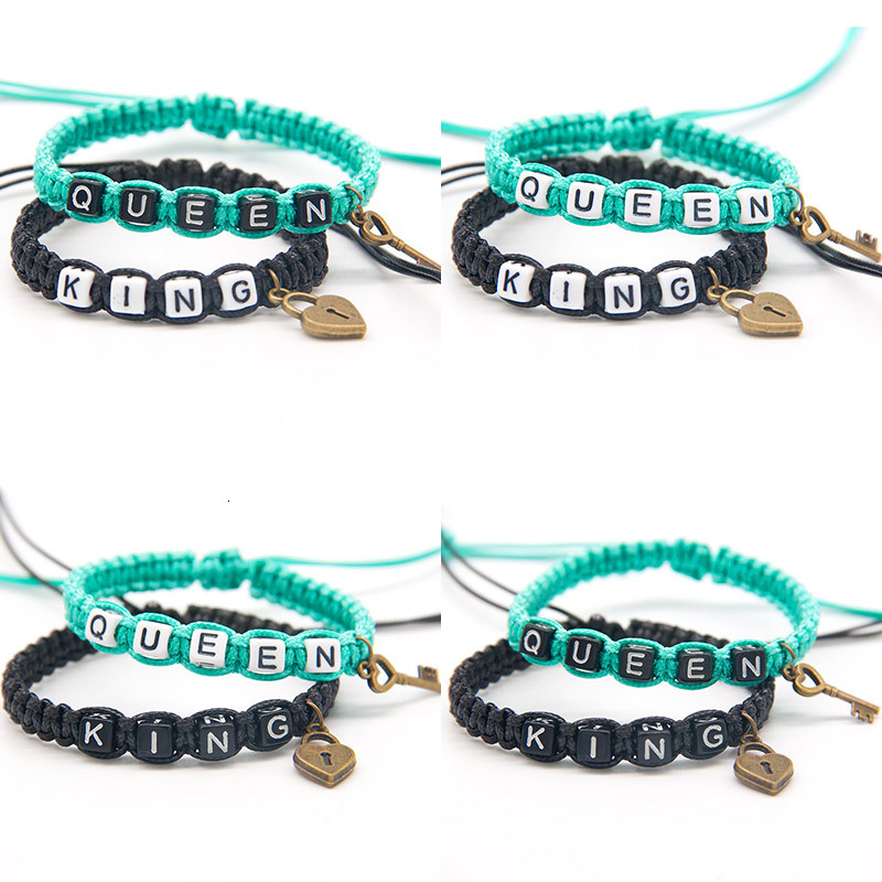 

2pcs/pair Exquisite Couple Bracelets Special Black Beadeds King Queen With Key Lock Rope Chains Lovers Women Men Gifts Crafts