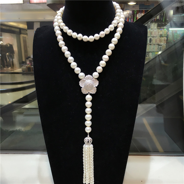 

Hand knotted long natural 8-9mm white freshwater pearl necklace tassel sweater chain long 80+16cm fashion jewelry