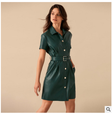 

2020 Season Solid Color Lapel Single Buckle Short Sleeve Skin Dress Woman, Black