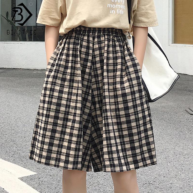 

Plus Size Women Loose Plaid Shorts Spring Summer Casual Japan Style High Elastic Waist Bottoms Wide Leg Shorts New 2020 B03516O