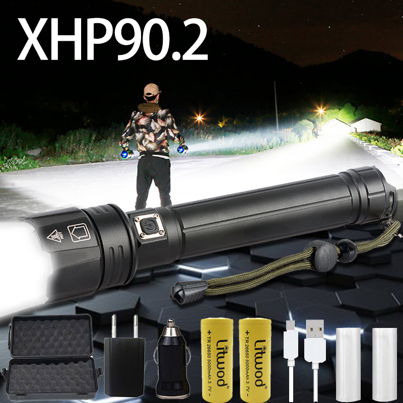 

XHP90 Powerful LED USB rechargeable Tactical Torch 3 mode XHP70.2 Zoomable Xlamp 18650 26650 Battey light for camping