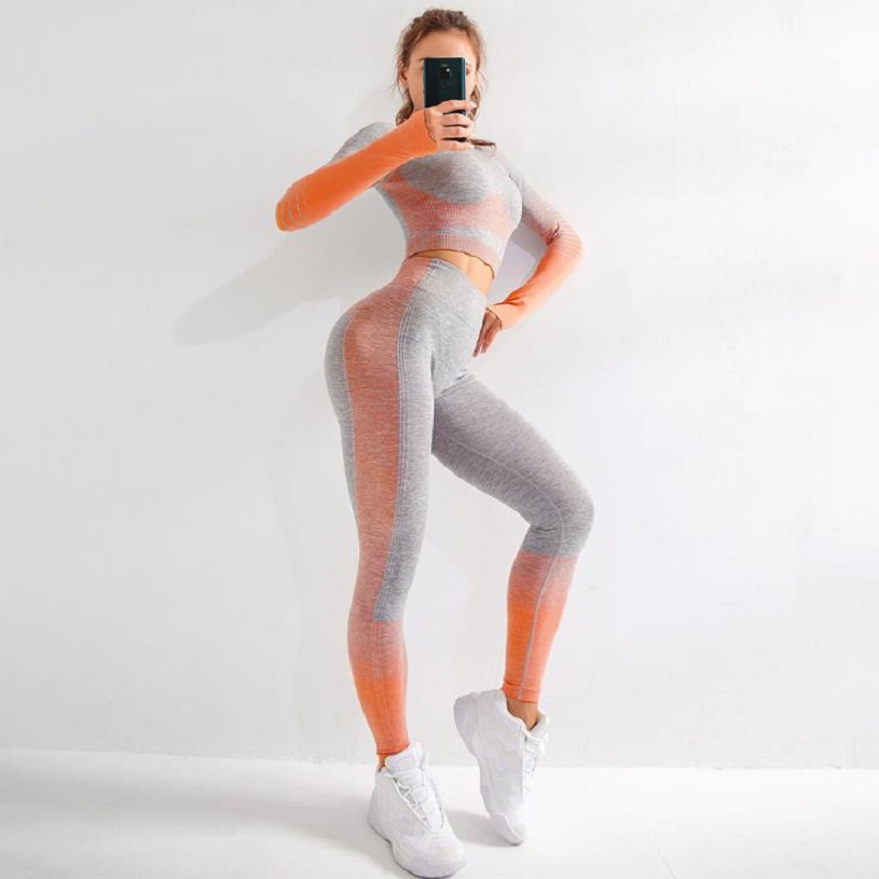 

2pcs/set Women Seamless Yoga Sets Fitness Sports Suits Gym Long Sleeve Shirts High Waist Running Leggings Workout Pants Shirts, Orange