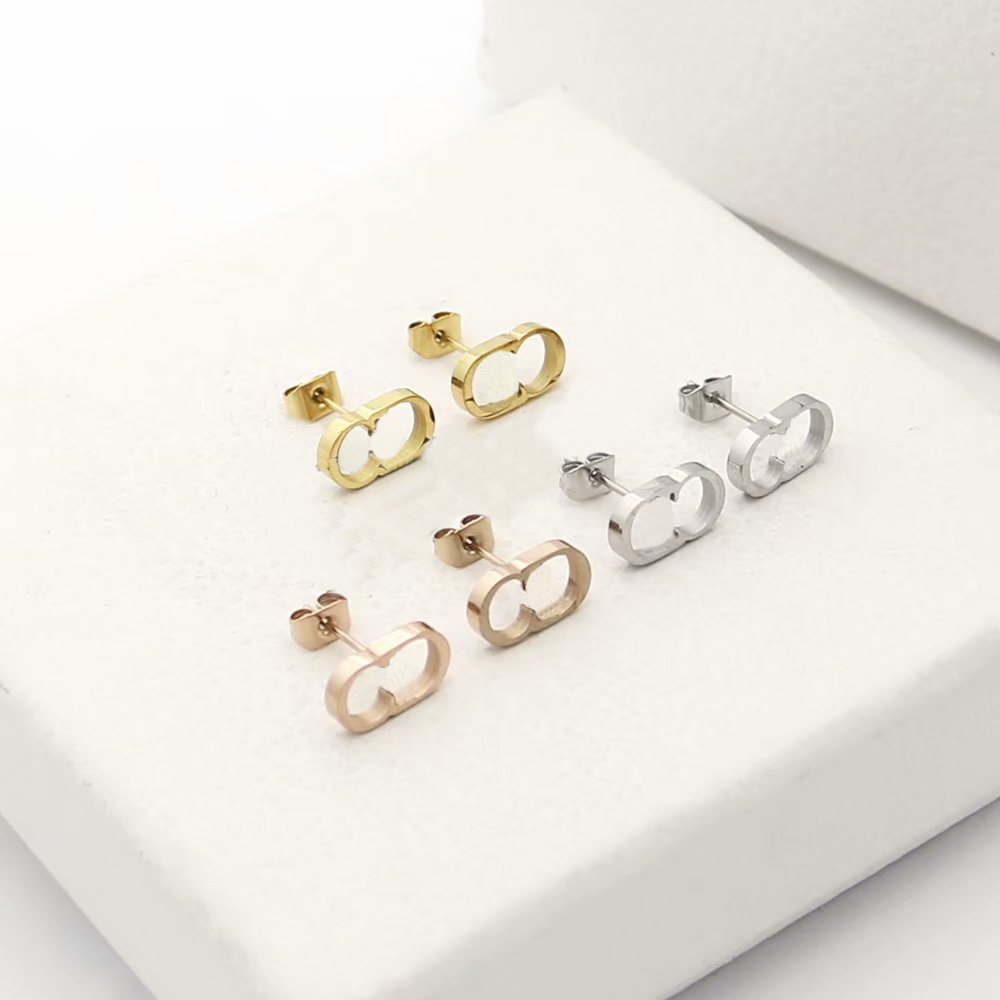 

Europe America Hot Sale Fashion Lady Women Titanium steel Hollow Out D Letter 18k Gold Stud Earrings 3 Color