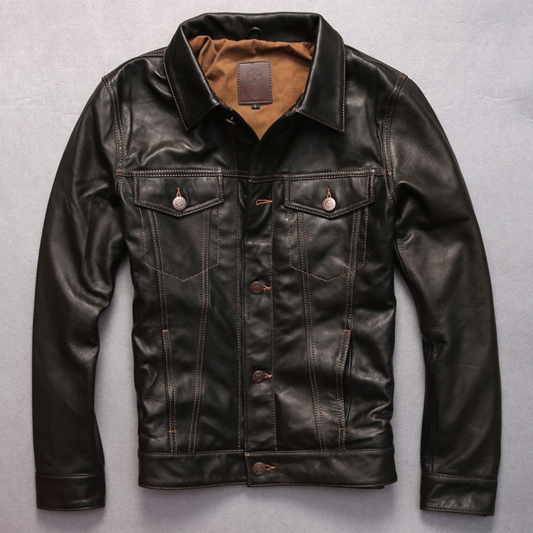 

arrives men's new genuine jacket dark brown goatskin coat single breasted leather shirt men Open wire quilting
